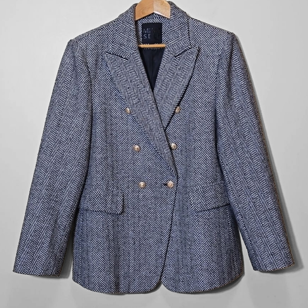 Mina Self Herringbone Woven Tweed Blazer Jacket Sz L Black White Crest Old Money